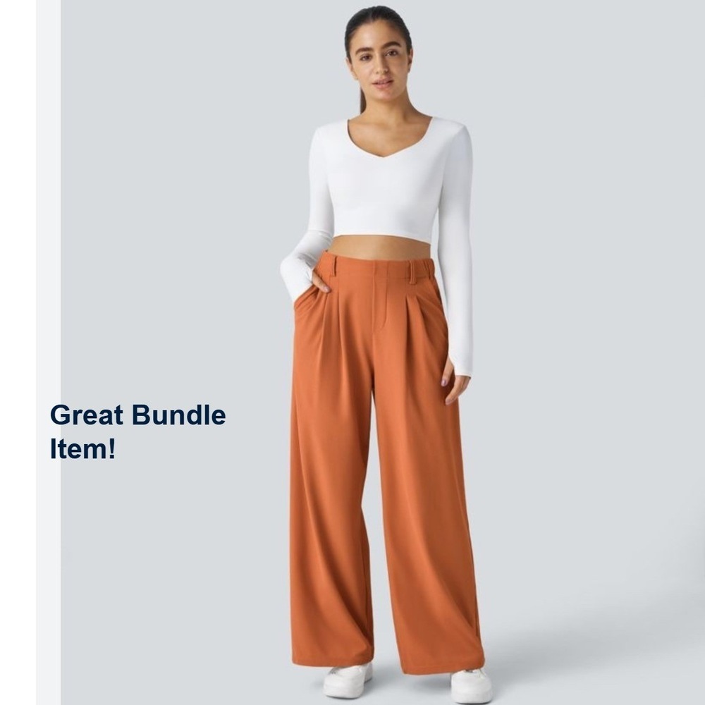 Halara Orange High Waisted Wide Leg Pleated Trousers Pants Medium Petite‎ NWT